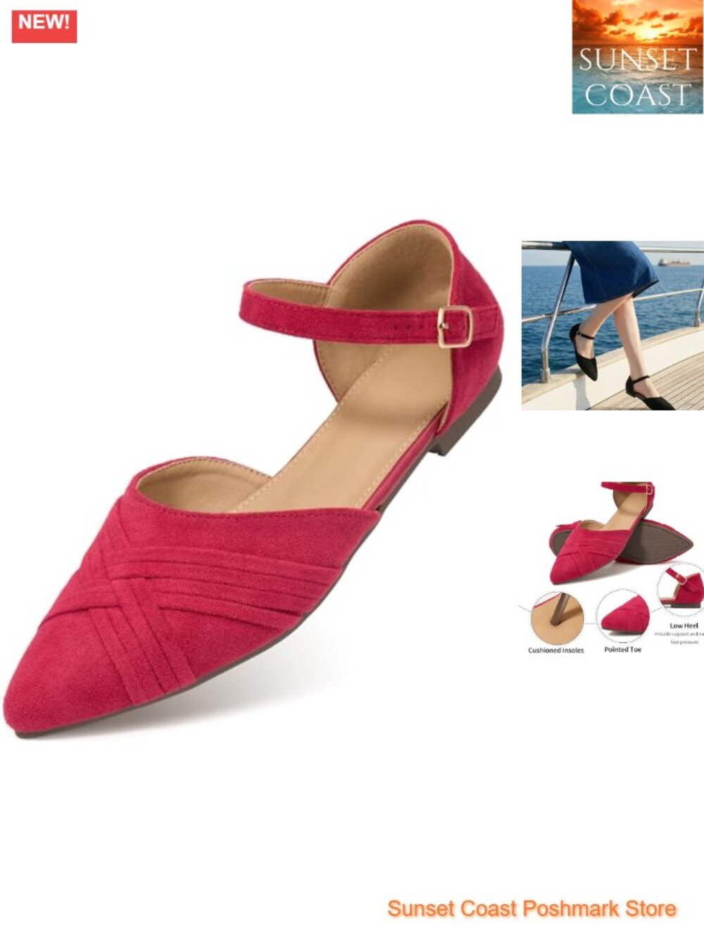 Suede Pointed Toe Flats Adjustable Buckle Office Commute Comfortable